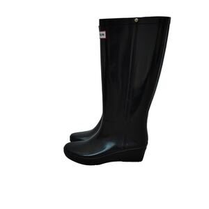 Hunter Women's Size 7 Tall Black Wedge Rubber Rain Boots Arolla W24044 With Bag